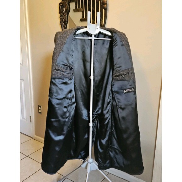 Vintage 80s 90s Herringbone Wool Overcoat Czechoslovakia Mens XL Gray Long Mob - Picture 5 of 9